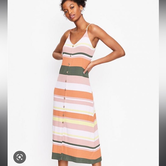 LOFT Multicolored Striped Button Front Spaghetti Strap Midi Dress - Picture 1 of 8